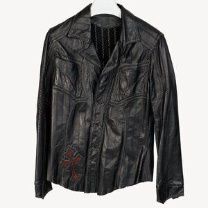 Logan Riese Black Peforated-Leather Cross-Applique Jacket